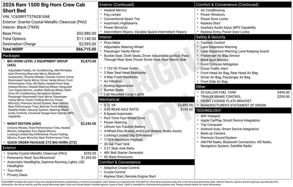 2026 RAM Ram 1500 RAM 1500 BIG HORN CREW CAB 4X4 5'7' BOX